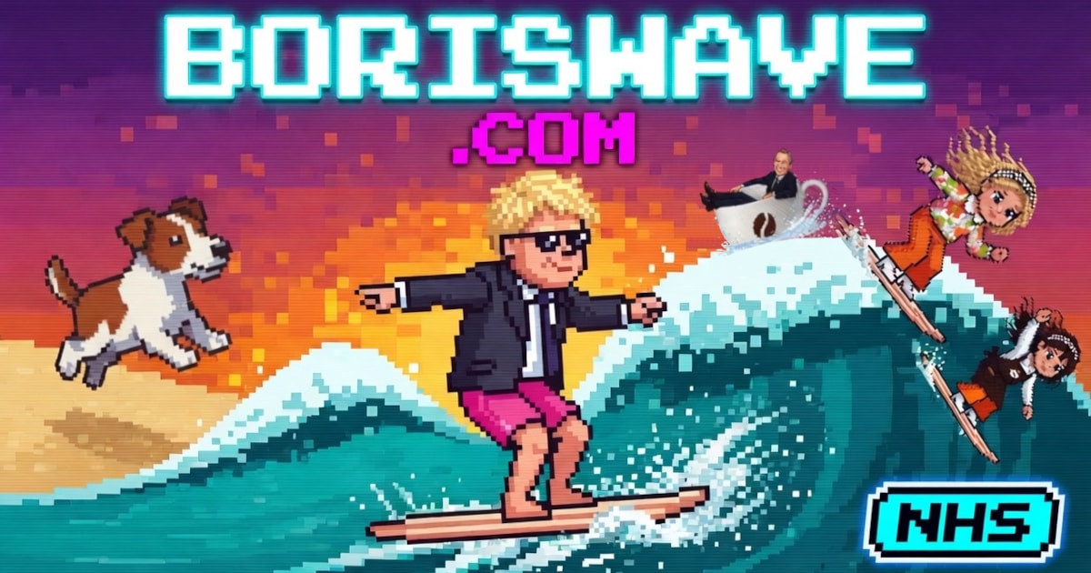 A still from Boriswave, showing a pixel-art figure surfing a large wave.